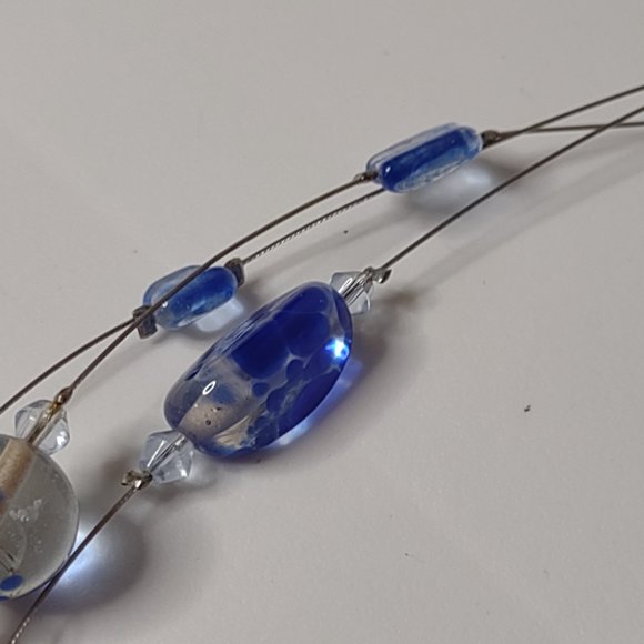 Blue And Clear Glass Bead And Wire Necklace Adjustable 15.5 To 18 Inches Long - Picture 9 of 12
